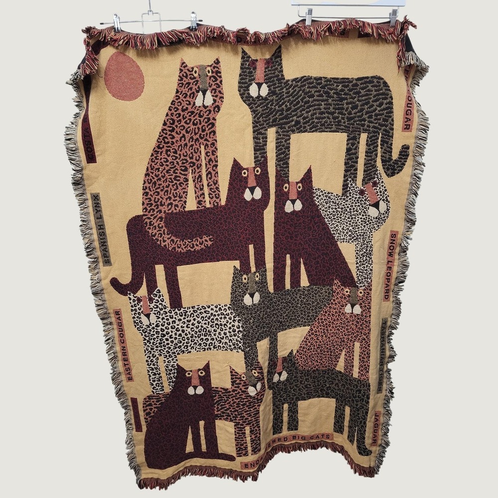Goodwin Weavers Endangered Big Cats Woven Throw Blanket Pat Meyers Vintage 48x68